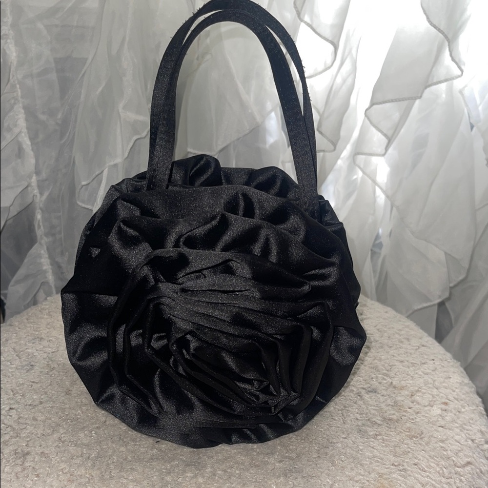 Elegant Black Satin Rose Handbag